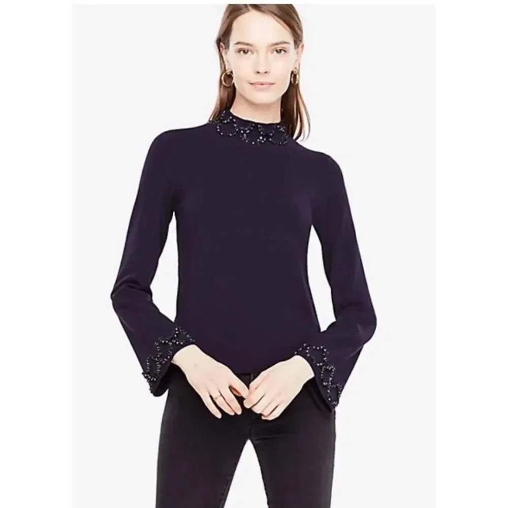 Ann Taylor Women's Dark Purple Embellished Turtleneck Sweater